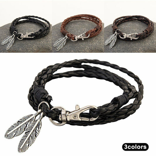 Mens Womens Surfer Patrol Leather Bracelet Feather Clasp Cord Wristband Gift Y1