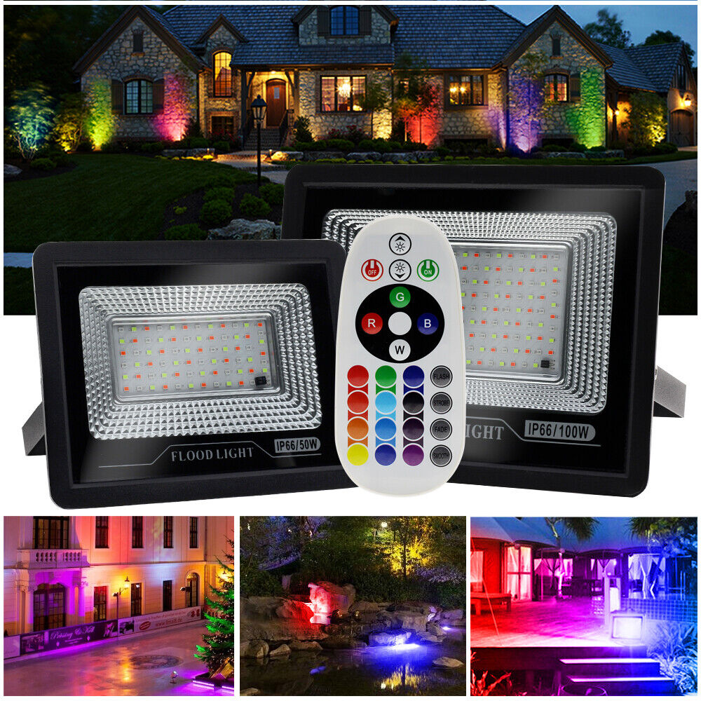 RGB LED Flood Light 50W/100W Outdoor Spotlight Remote Control IP66