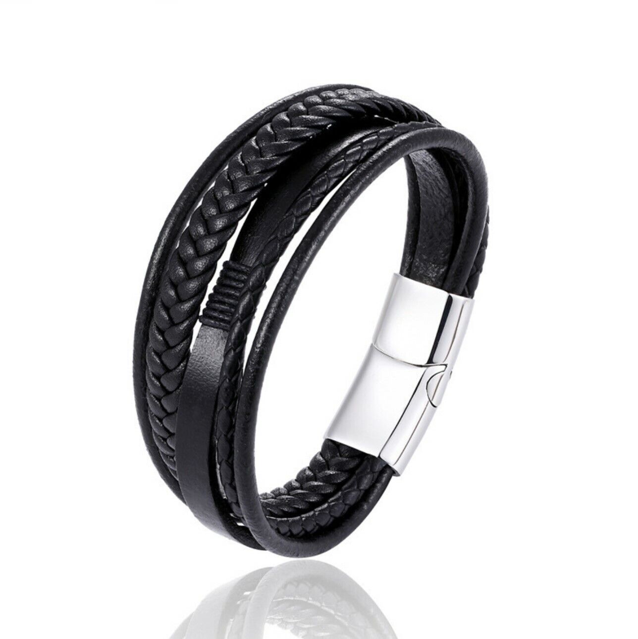 Men Stainless Steel Buckle Leather Bracelet Bangle Cuff Vintage Wristband Rope