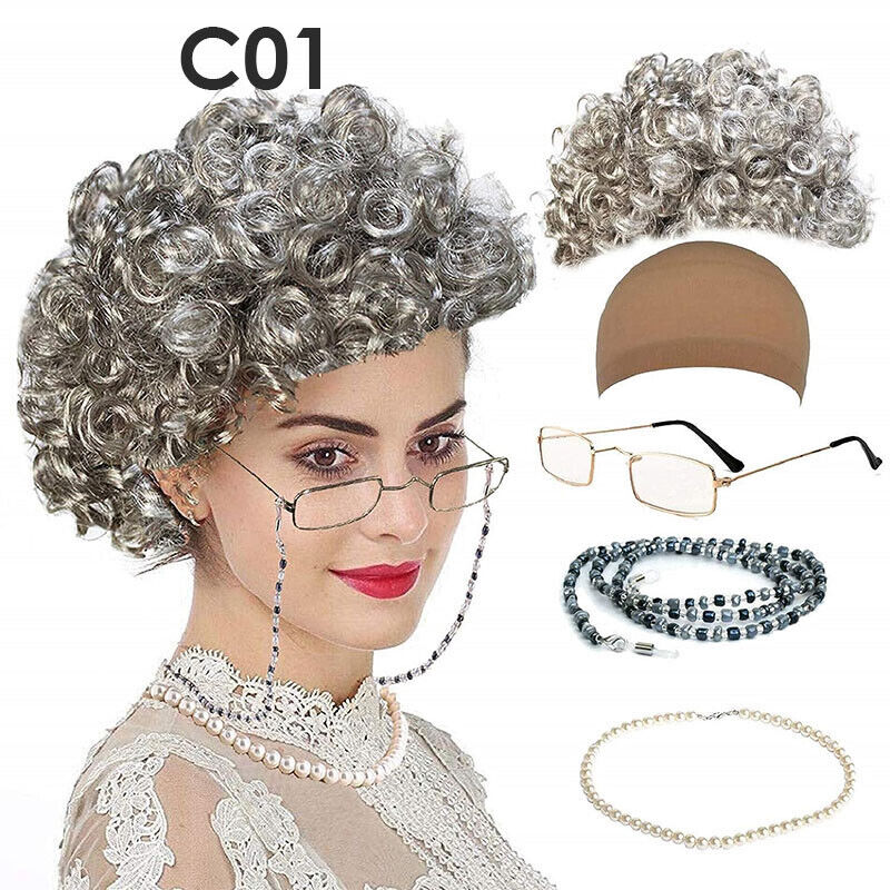 Old Lady Grandma Dress Up Set Granny Wig Party Kid Masquerade Cosplay Set 5Pcs