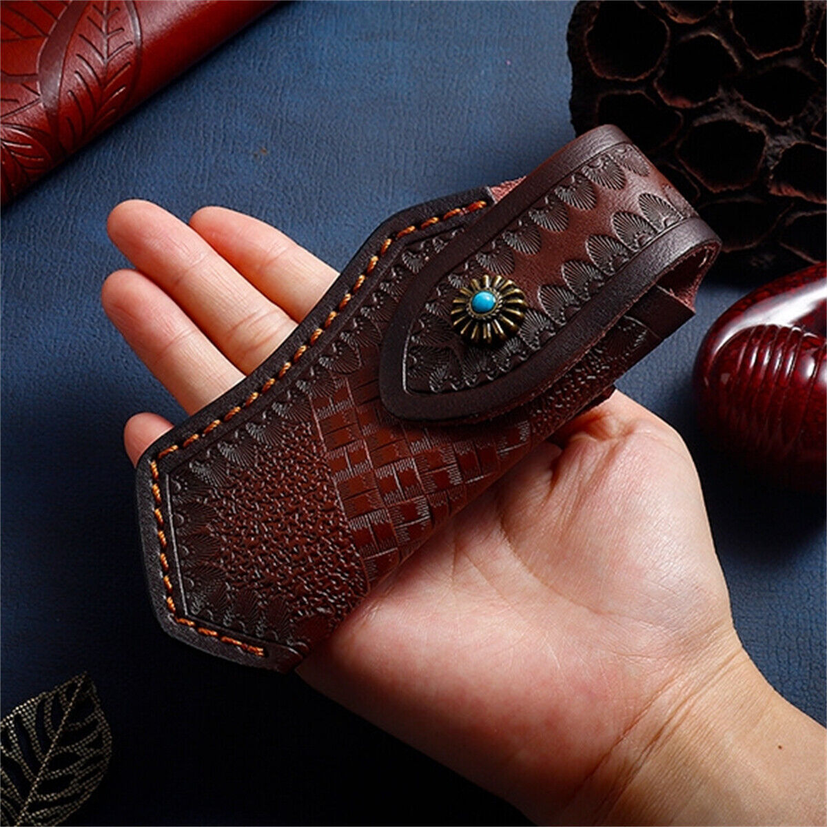 Hand Made Carved Cow Leather Sheath For Folding Knife Cover Pouch Belt Clip