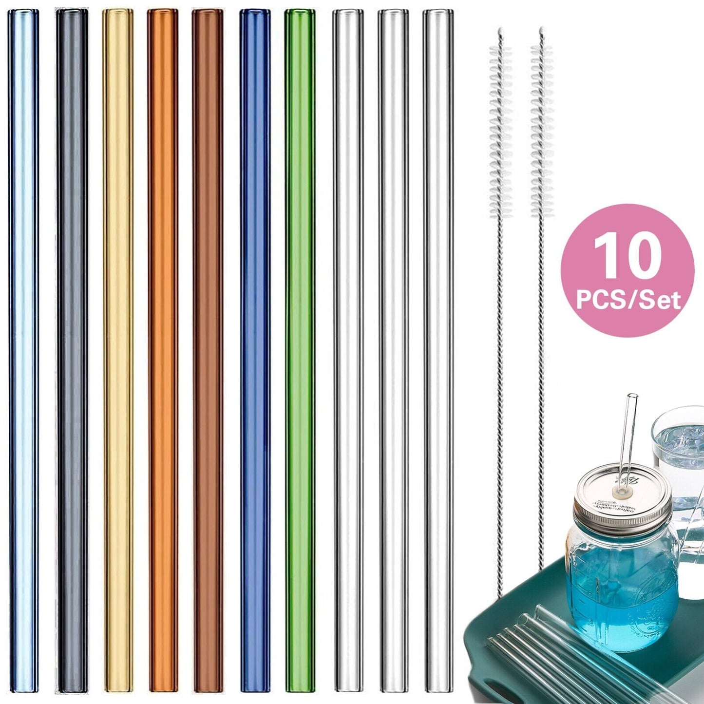 10Pcs Reusable Glass Straw Pyrex Straight Drinking Straws Juice +2 Brush Safe