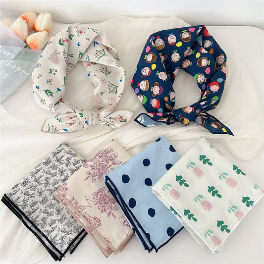 Floral Print Hair Scarf Small Square Scarf Hairband Cotton Linen Neckerchief ღ