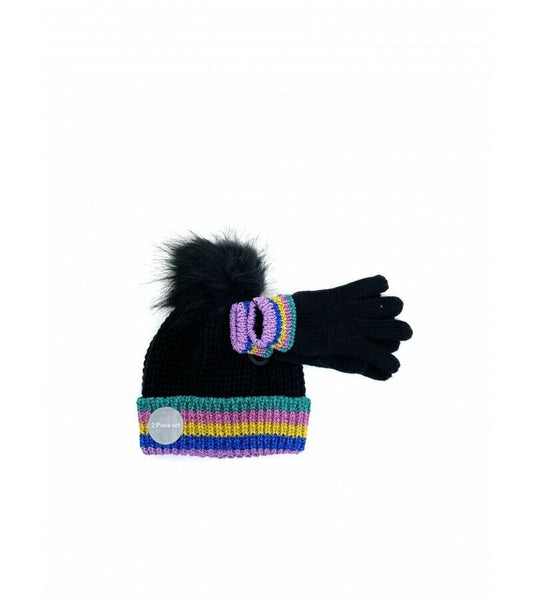 Girls Ex Store Rainbow Pom-Pom Hat & Glove Set Ages 4-8,8-12 Years NEW