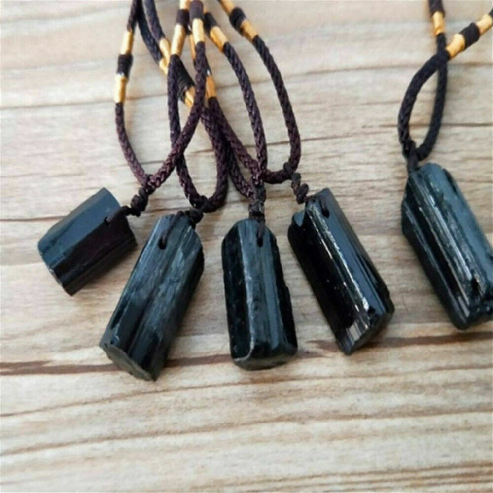 Women Men Black Natural Tourmaline Stone Pendant Crystal Gem Specimen Necklace