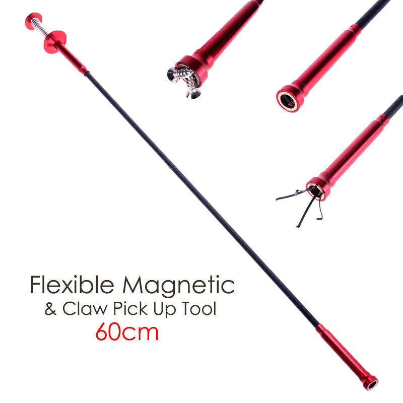 Red Flexible Pick Up Tool With Magnet 4 Claw Magnetic Long Spring Grabber 60cm