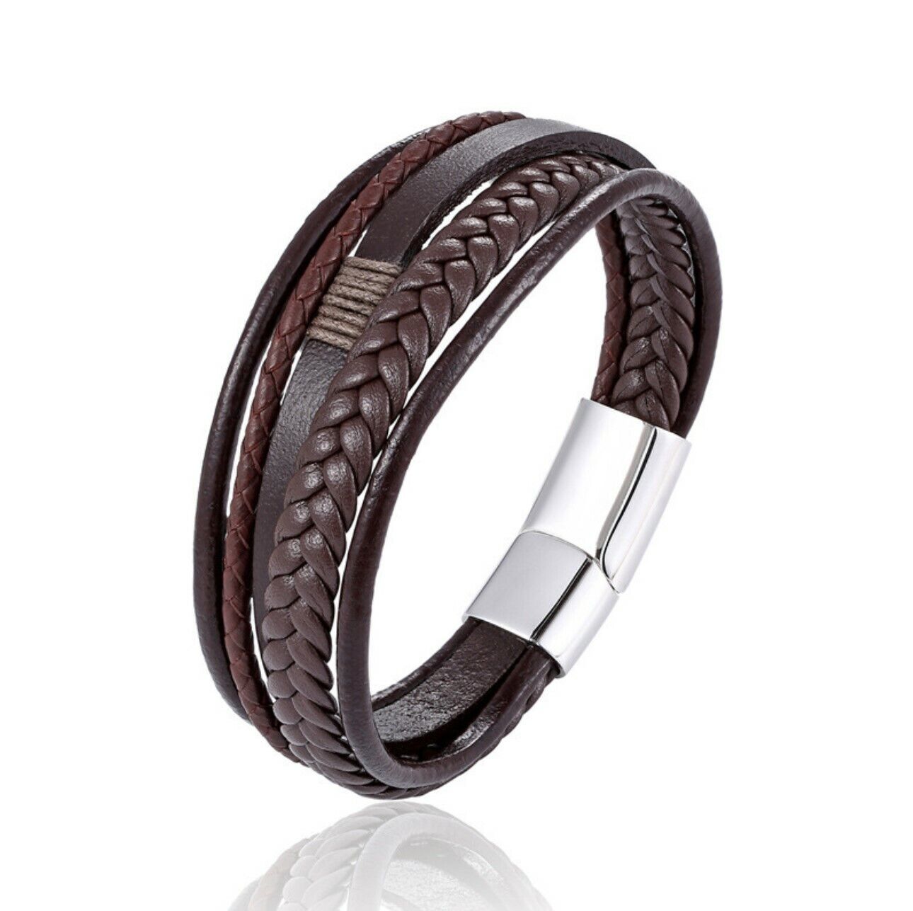 Men Stainless Steel Buckle Leather Bracelet Bangle Cuff Vintage Wristband Rope