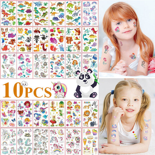 10PCs Kids Temporary Tattoos Stickers Boy Girl Cartoon Unicorn Dino Car Cute