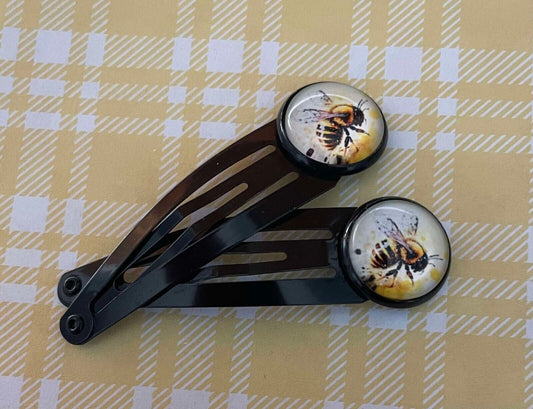 HAIR CLIP slide BEE BEES black snap Set of 2