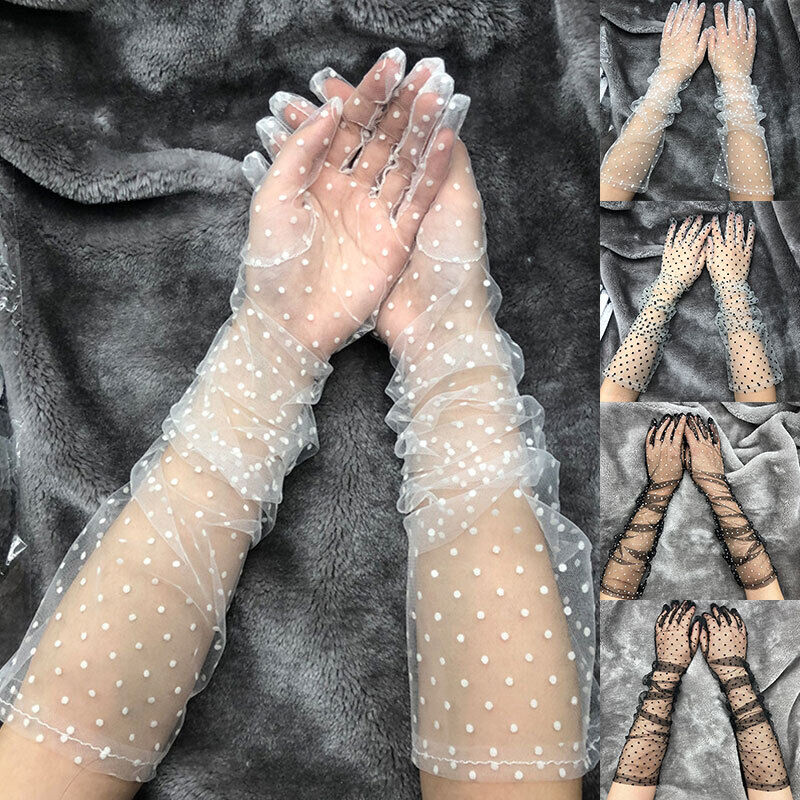 Women Mesh Tulle Sheer Long Gloves Full Finger Gloves Mittens Sun Protection