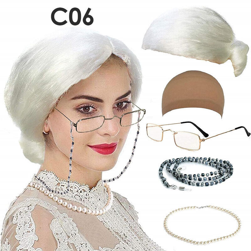 Old Lady Grandma Dress Up Set Granny Wig Party Kid Masquerade Cosplay Set 5Pcs