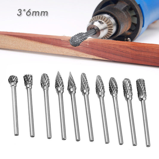 10pcs 6mm Head Tungsten Steel Carbide Rotary Burr Bur Die Grinder Bit + Case Set