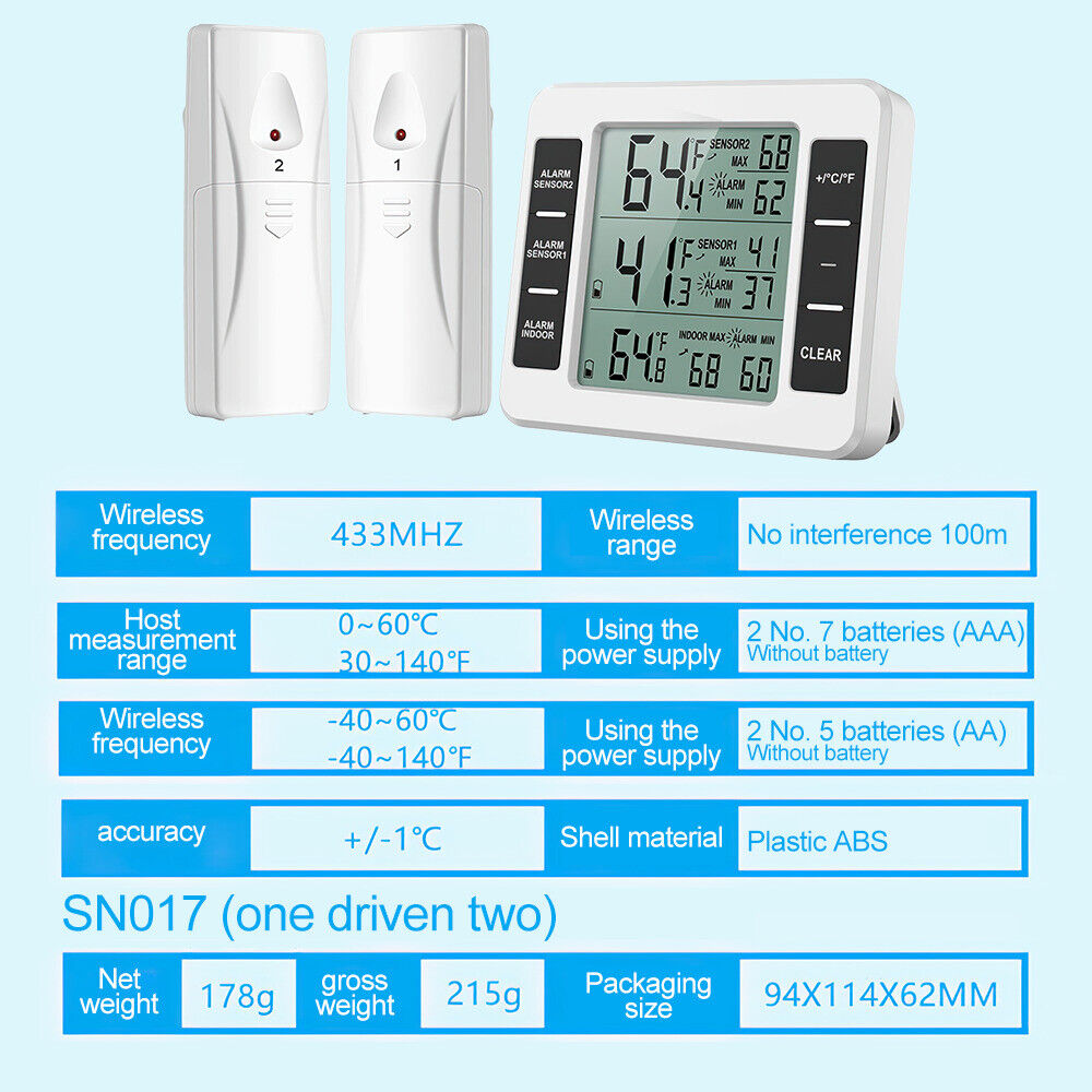 Wireless Digital Fridge Thermometer Freezer Alarm Gauge Monitor Sensors Outdoor