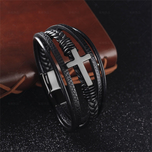 Men's Black Leather Titanium Steel Cross Multi Stripe Bracelet Bangle Wristband