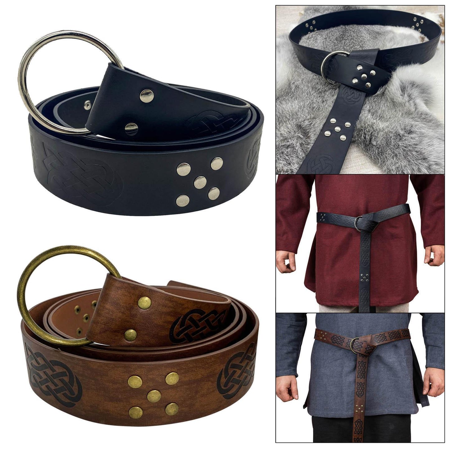 Medieval Belt Renaissance Rivet Embossed Larp PU Leather Costume O Ring Belt