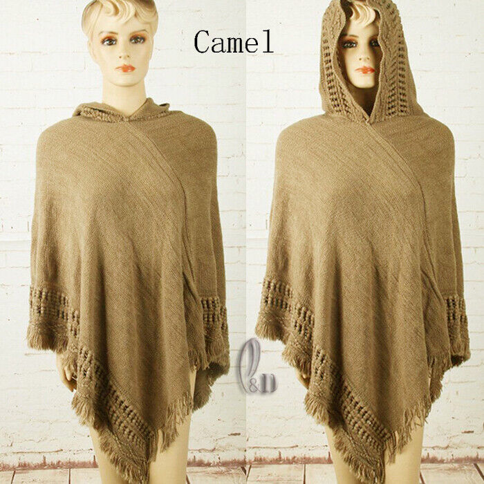 KNITTED PONCHO SWEATER HOOD CLOAK CAPE JUMPER HEM TOP COAT SHAWL SC038