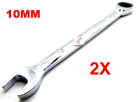 (Qty:2) 10mm Metric Chromed Ratchet Gear Spanner Fixed Head Ratchet Wrench