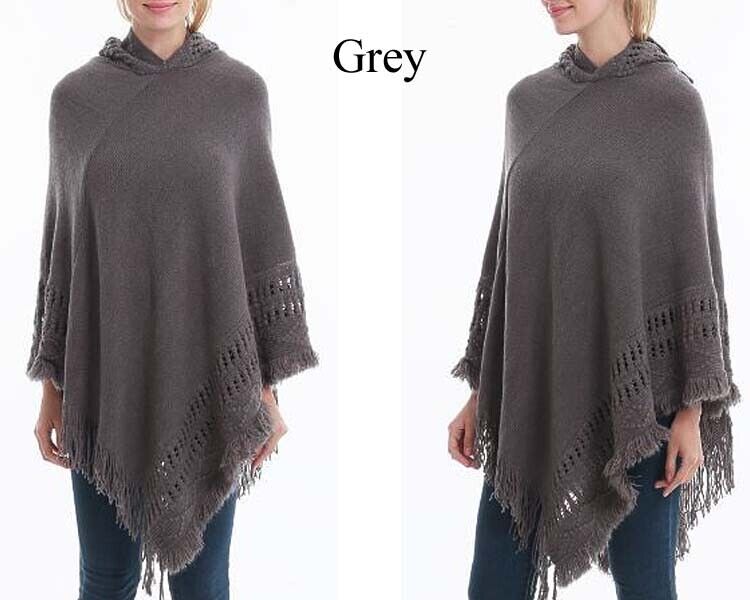 KNITTED PONCHO SWEATER HOOD CLOAK CAPE JUMPER HEM TOP COAT SHAWL SC038