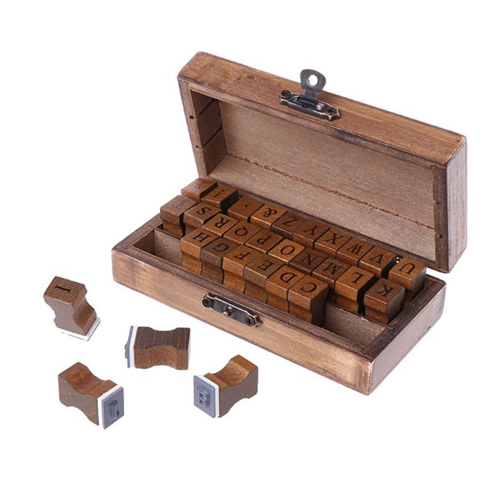 30pcs Retro Alphabet Letter Uppercase Lowercase Wooden Rubber Stamp Set