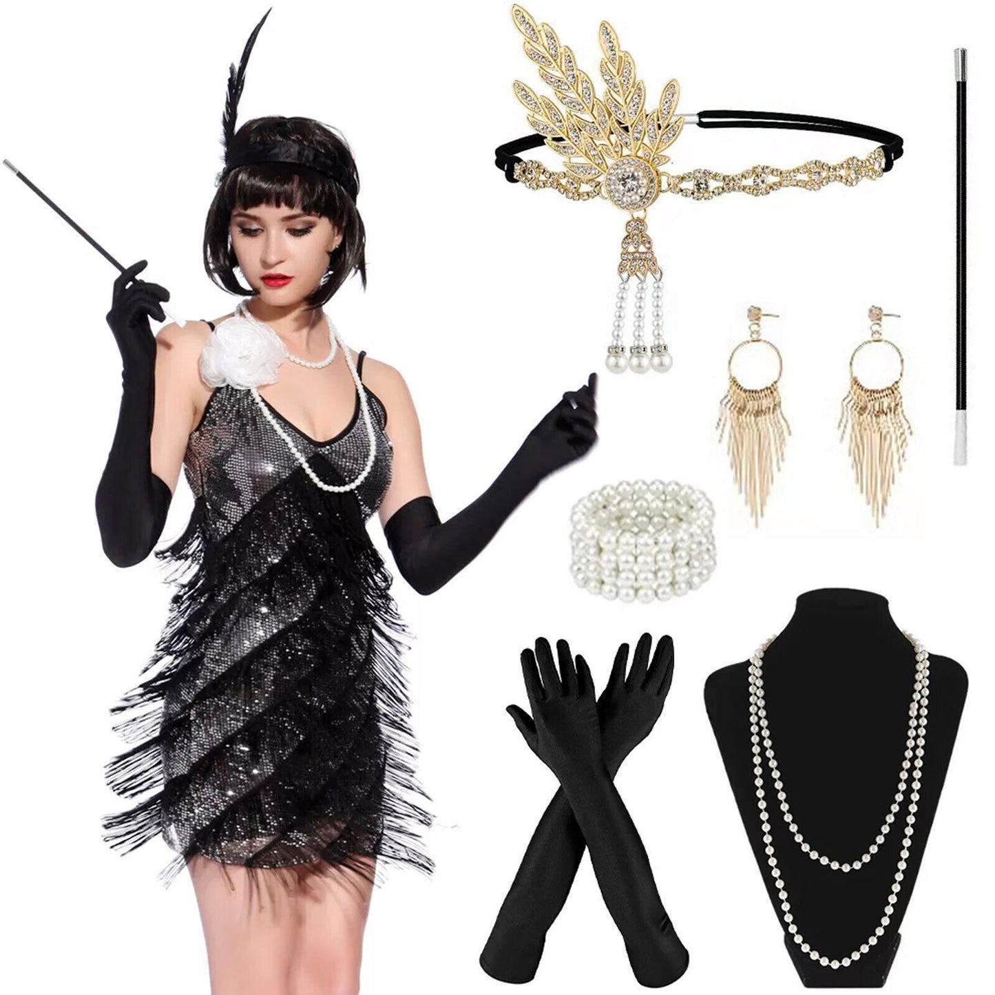 Women 1920'S Great Gatsby Accessories Kit Fancy Dress Costume Flapper Headpiece