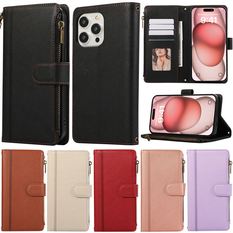 Zipper Wallet Flip Cover Case For iPhone 15 14 13 12 11 Pro XR XS Max 6 7 8 Plus