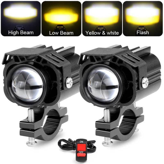 2x Motorcycle Spotlight LED Headlight Driving Fog Lights White Yellow +Switch