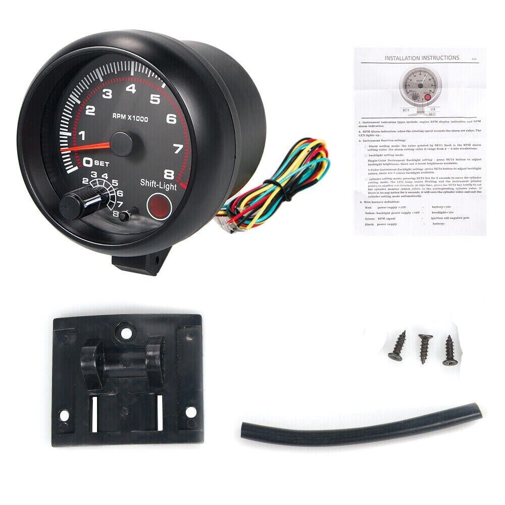 3.75" Car 12V Tachometer Tacho Gauge Meter 0-8000 RPM Shift Light Universal