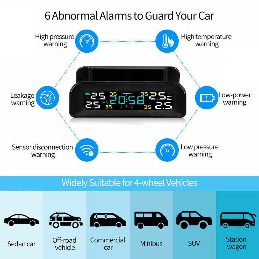 Solar Wireless Car TPMS Tyre Pressure Monitoring System + 4 External Sensors