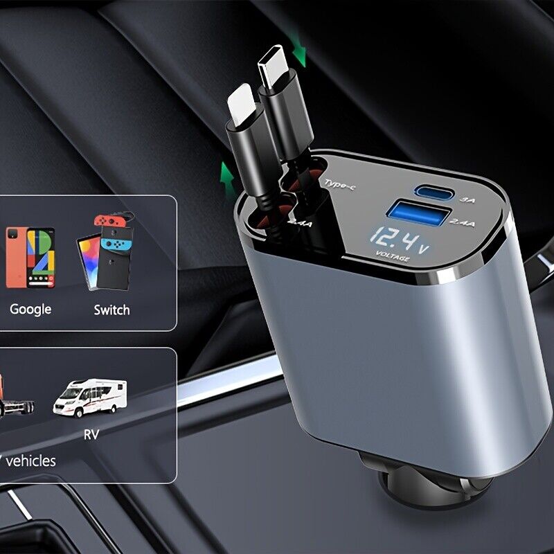 4IN1 120W Retractable Car Charger with Fast USB C PD Cable for Phone Fast Charge