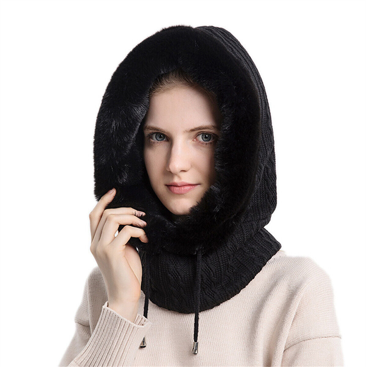 Women Winter Thick Warm Fur Cap Knit Hooded Hat Ear Neck Cycling Anti-cold Hat