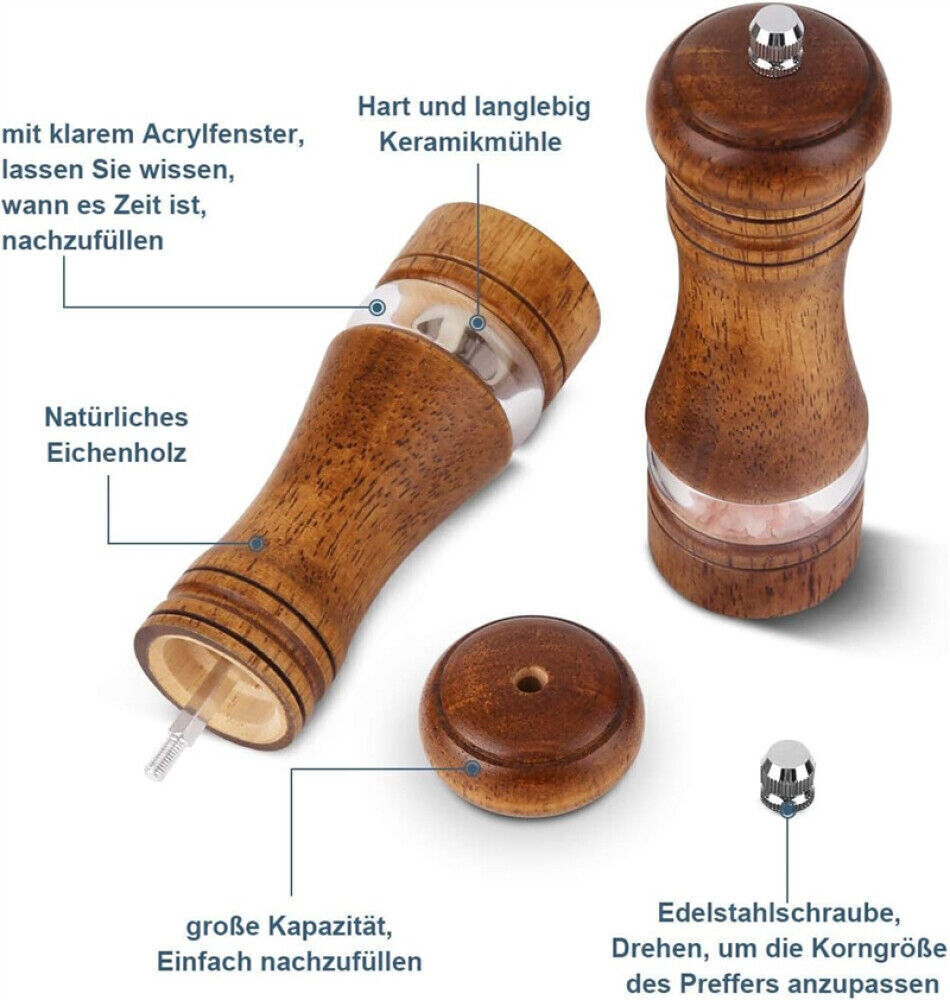 2x Adjustable Manual Pepper Grinder Wooden Salt Pepper Mill With Ceramic Grinder