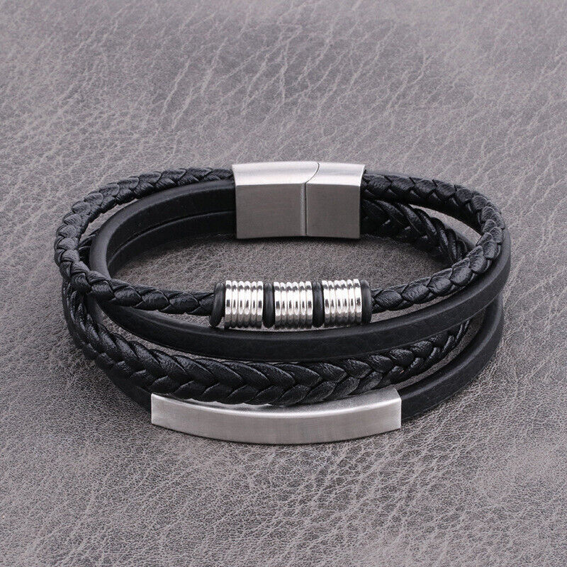 Men's Stainless Steel Leather Bracelet Multilayer Braided Cuff Magnetic Clasp