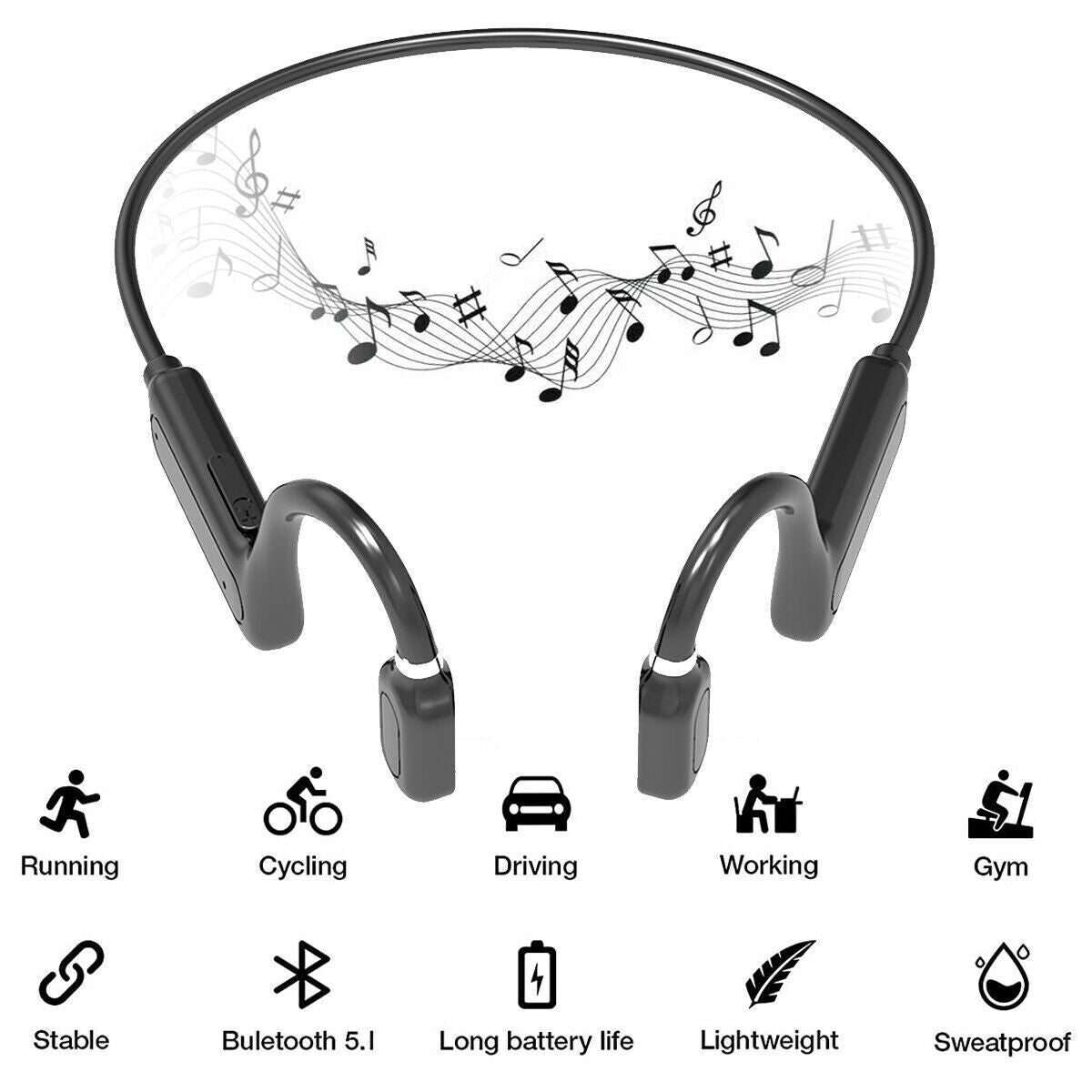 TWS Bone Conduction Sports Headphones Wireless Earphone Bluetooth 5.1 Headset