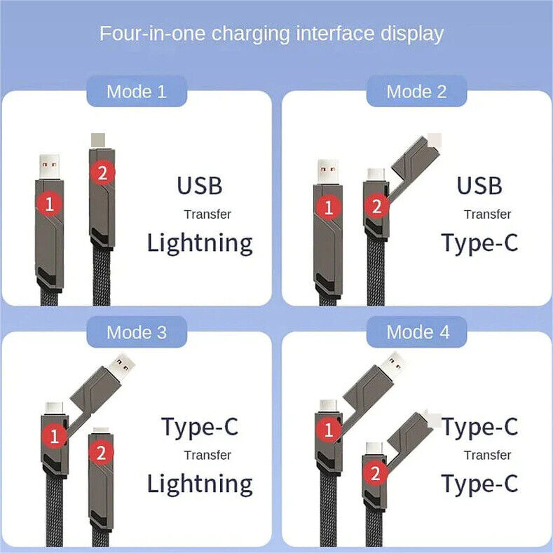 4-in-1 Flat Braided Anti-tangle Charger Cable For iPhone Huawei Type C USB Lead