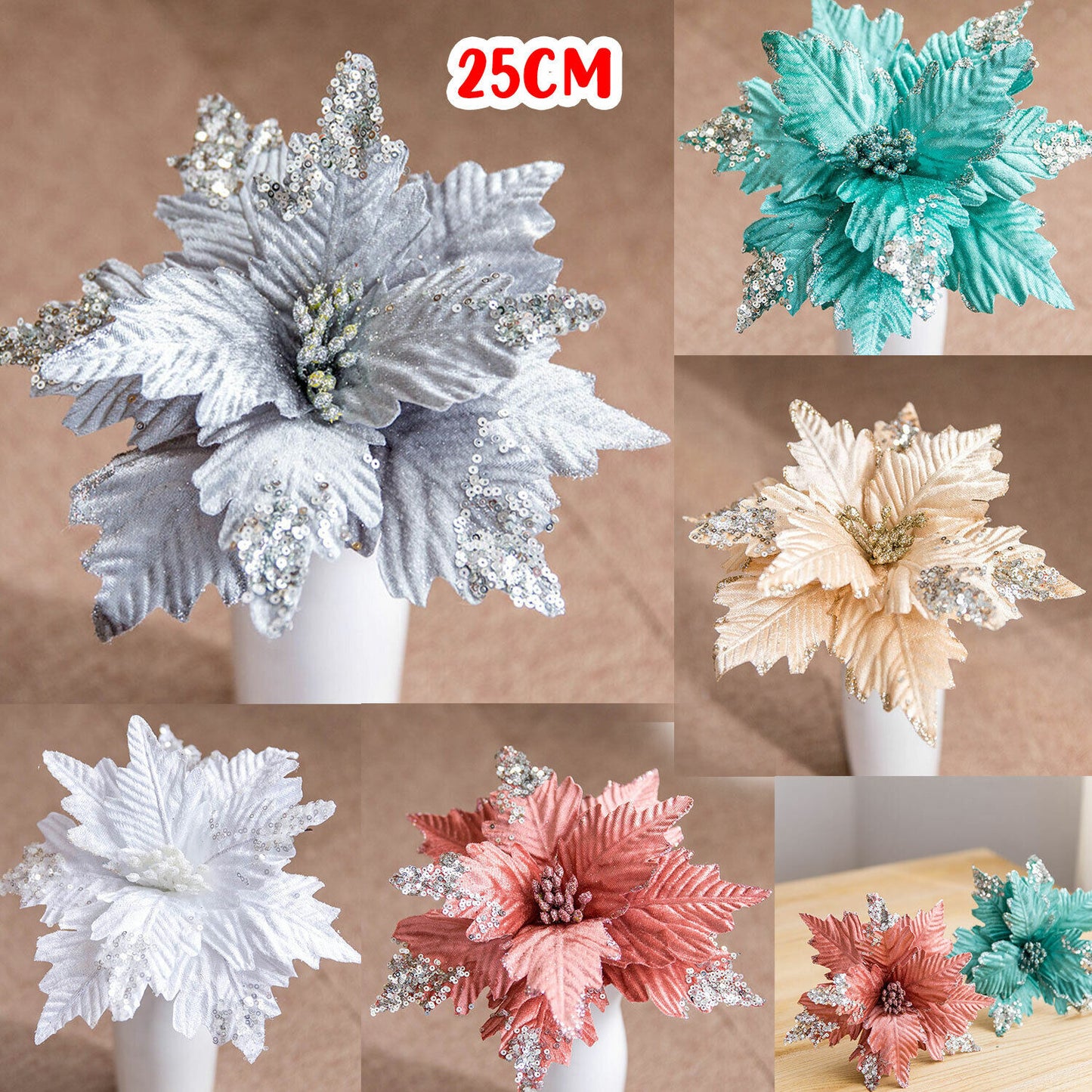 10PCS Christmas Poinsettia Glitter Flower Tree Hanging Party Xmas Decoration