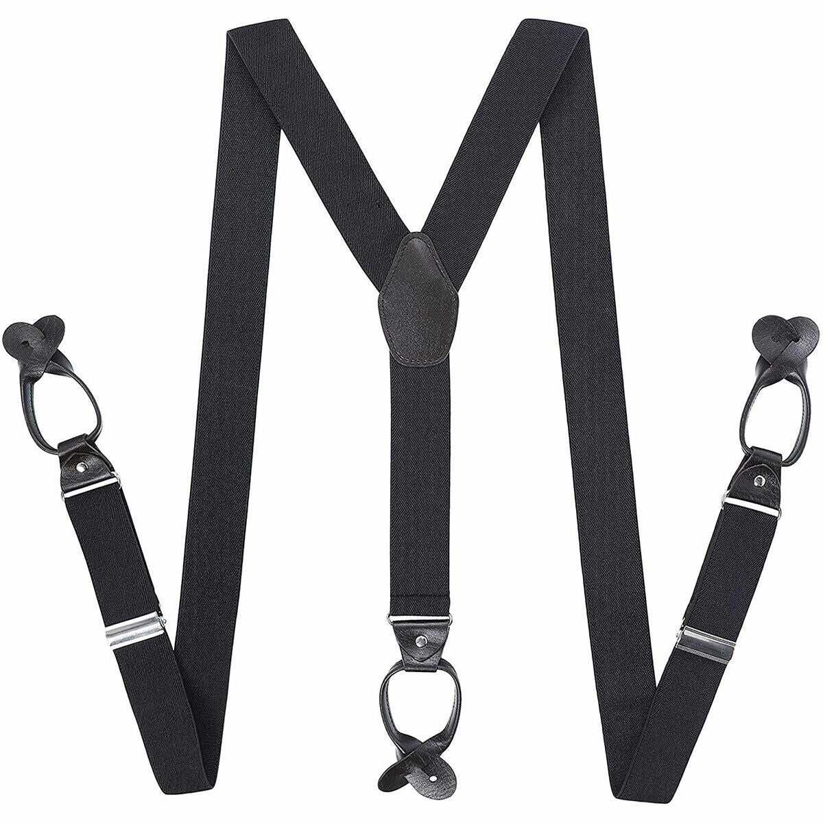 Men's 6 Button Hole Wide Elastic Suspenders Leather 35mm Trousers Braces Belt