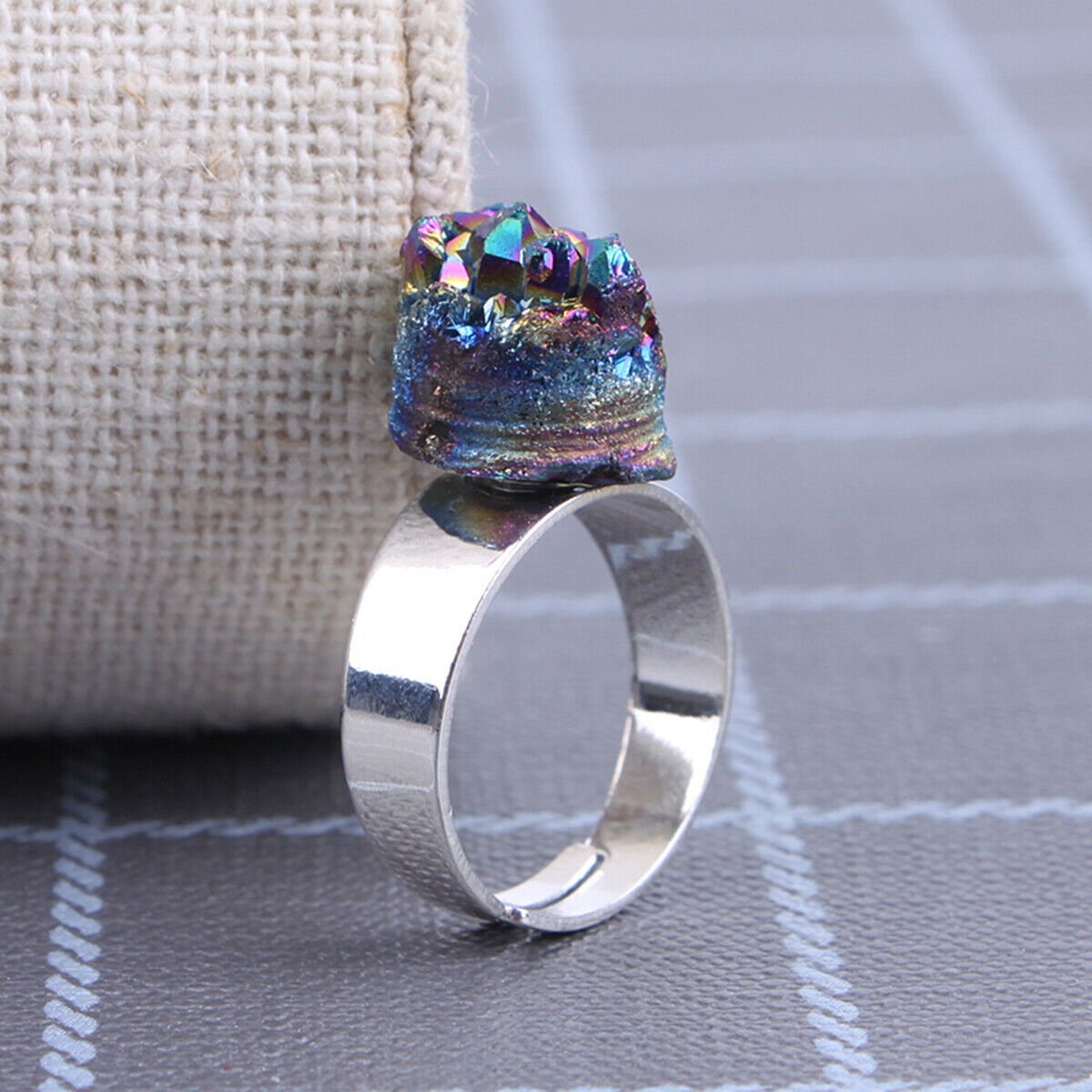 Rainbow Titanium Crystal Agate Druzy Quartz Geode Ring Adjustable Jewelry