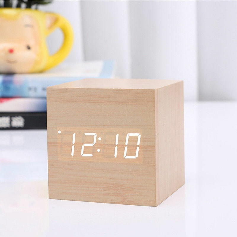 Wooden Digital Desk Table Clock LED Display Alarm Temperature Modern Home Decor