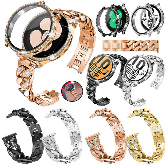 For Samsung Galaxy Watch 7 6 5 4 40 44mm Bling Metal Watch Band + Diamond Case