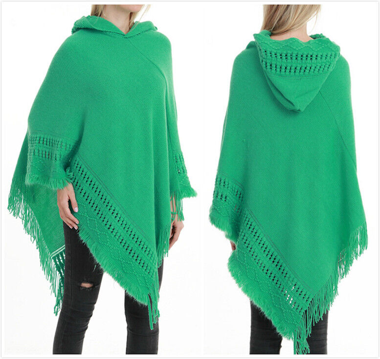 KNITTED PONCHO SWEATER HOOD CLOAK CAPE JUMPER HEM TOP COAT SHAWL SC038