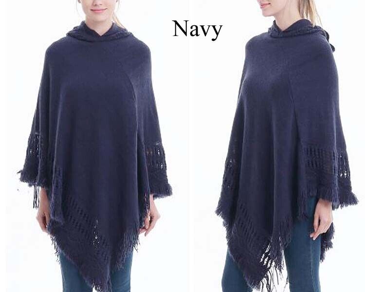 KNITTED PONCHO SWEATER HOOD CLOAK CAPE JUMPER HEM TOP COAT SHAWL SC038