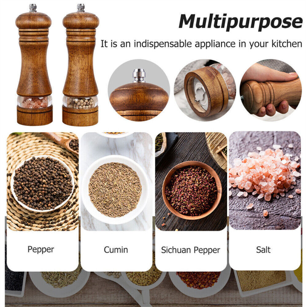 2x Adjustable Manual Pepper Grinder Wooden Salt Pepper Mill With Ceramic Grinder