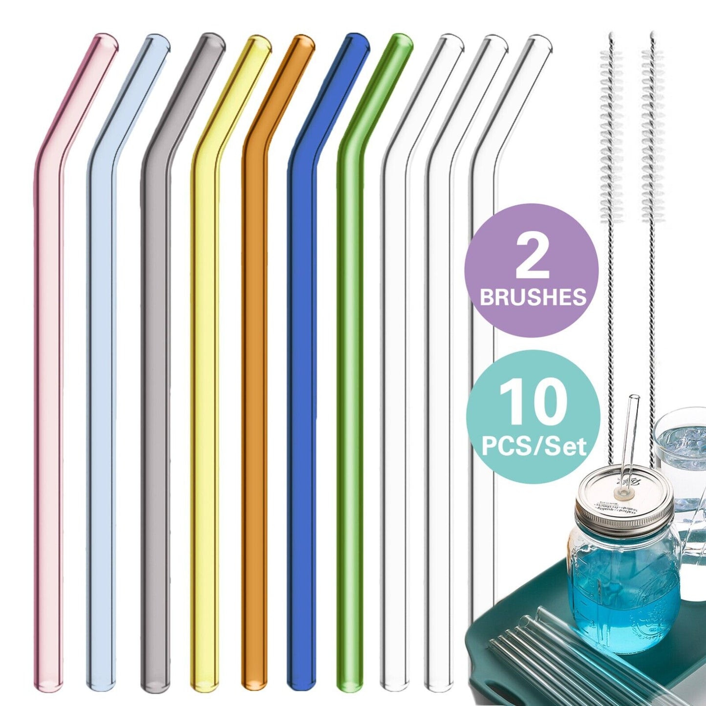 10Pcs Reusable Bent Glass Straw Pyrex Drinking Straws Juice Milk Party 2 Brush