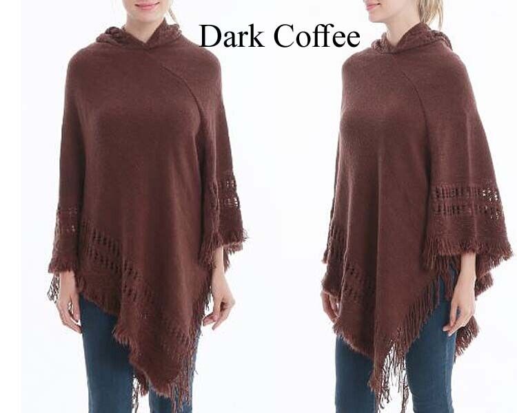 KNITTED PONCHO SWEATER HOOD CLOAK CAPE JUMPER HEM TOP COAT SHAWL SC038