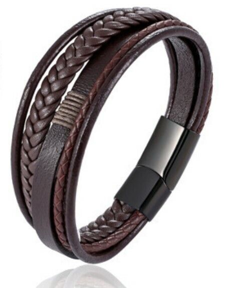 Men Stainless Steel Buckle Leather Bracelet Bangle Cuff Vintage Wristband Rope