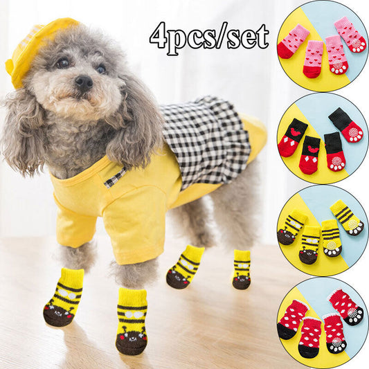 4Pcs Non-Slip Dog Knits Socks Pet Puppy Indoor Soft Warm Shoes Paw Protection