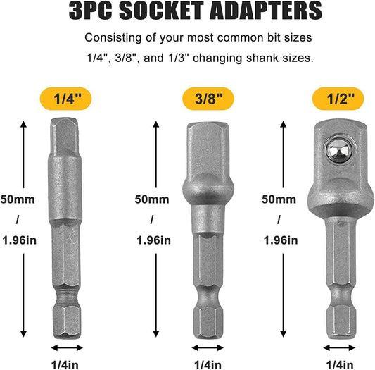 3x Impact Grade Socket Adapter Set 3 Pieces Extension Sets 1/4", 3/8", and 1/2"