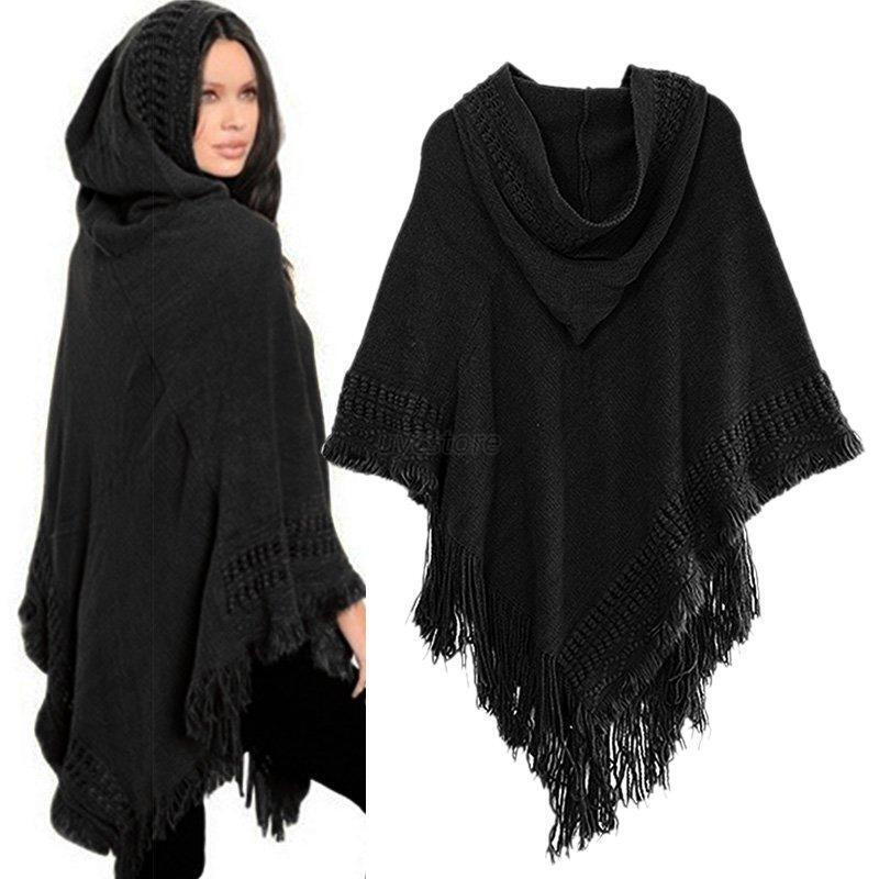 KNITTED PONCHO SWEATER HOOD CLOAK CAPE JUMPER HEM TOP COAT SHAWL SC038