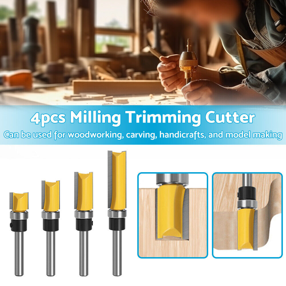 4pcs Milling Cutter Kit 1/4 Shank Top Bearing Flush Trim Pattern Router Bit Set