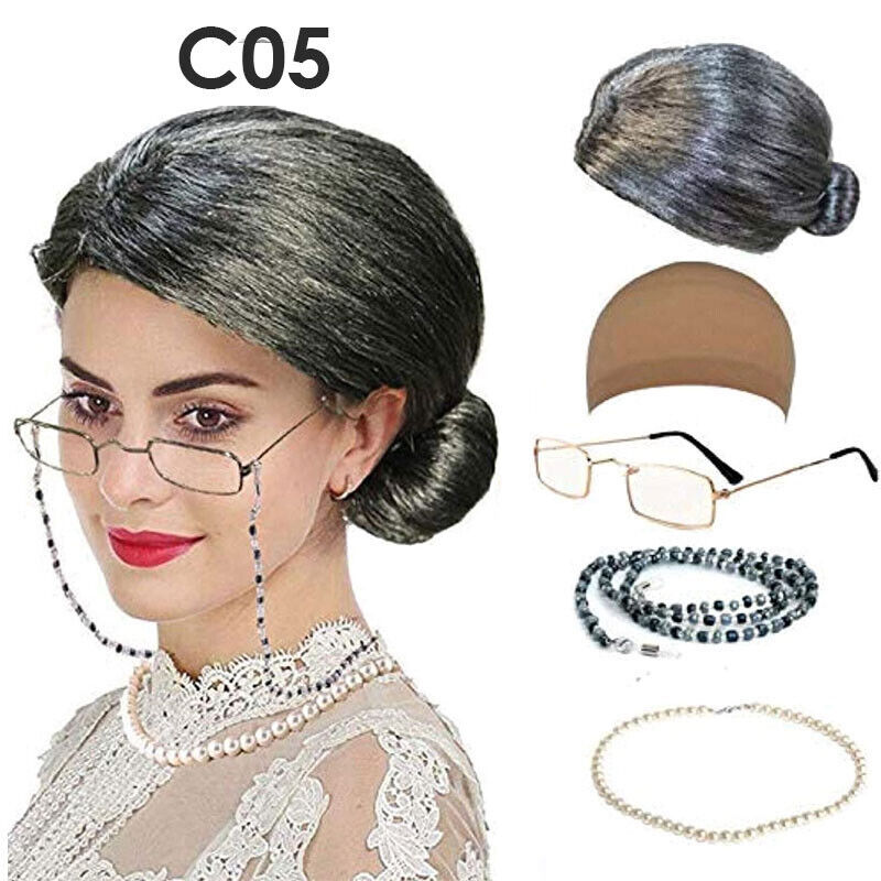 Old Lady Grandma Dress Up Set Granny Wig Party Kid Masquerade Cosplay Set 5Pcs